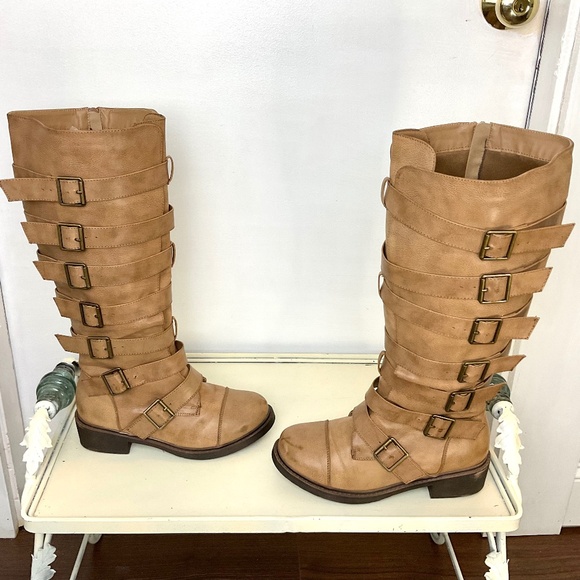 Torrid Buckle Moto Boots Size 8 Wide Tan Wide Calf Knee High Boot - Picture 3 of 14